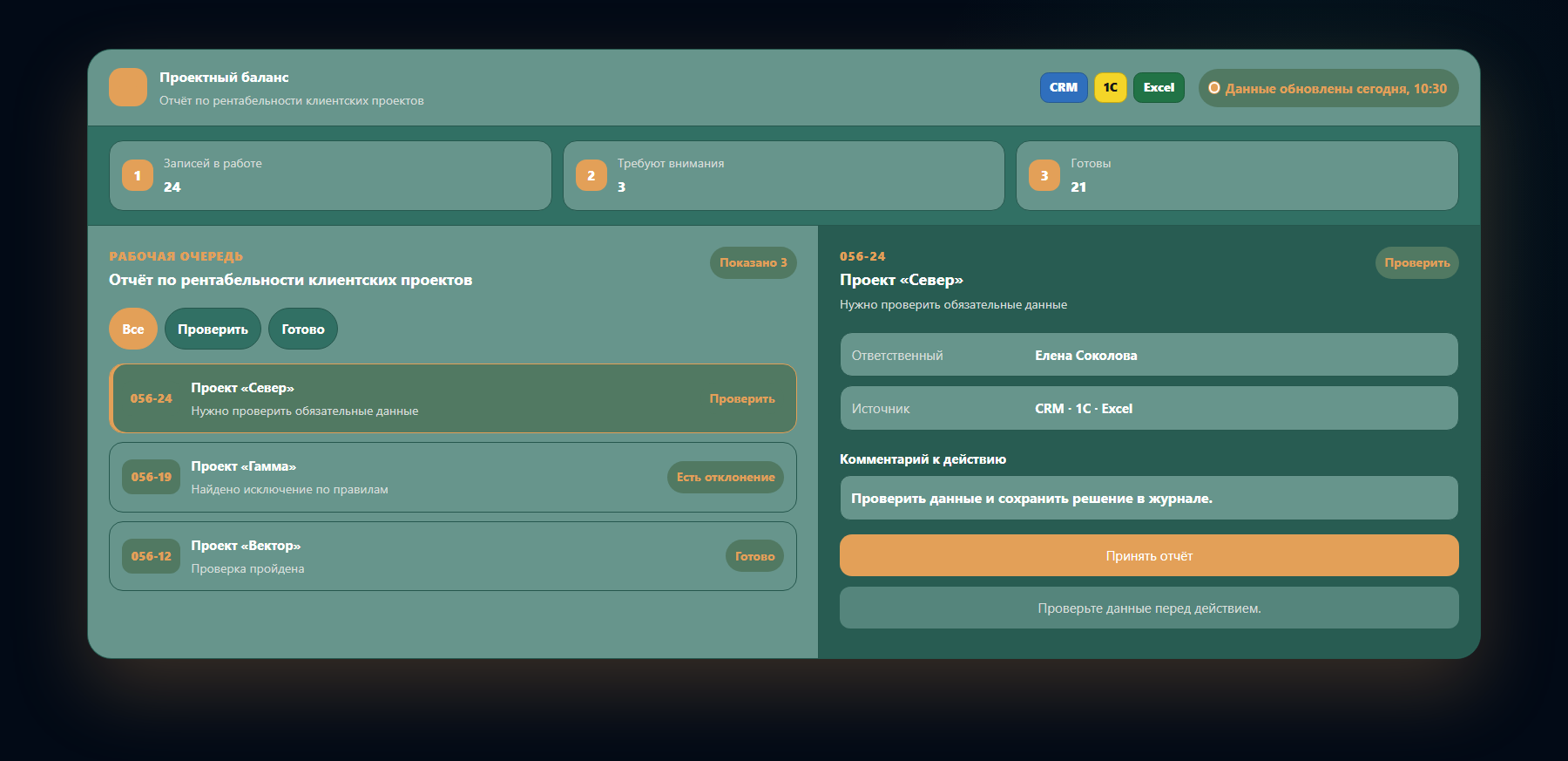 Демо-интерфейс: отчёт по рентабельности клиентских проектов