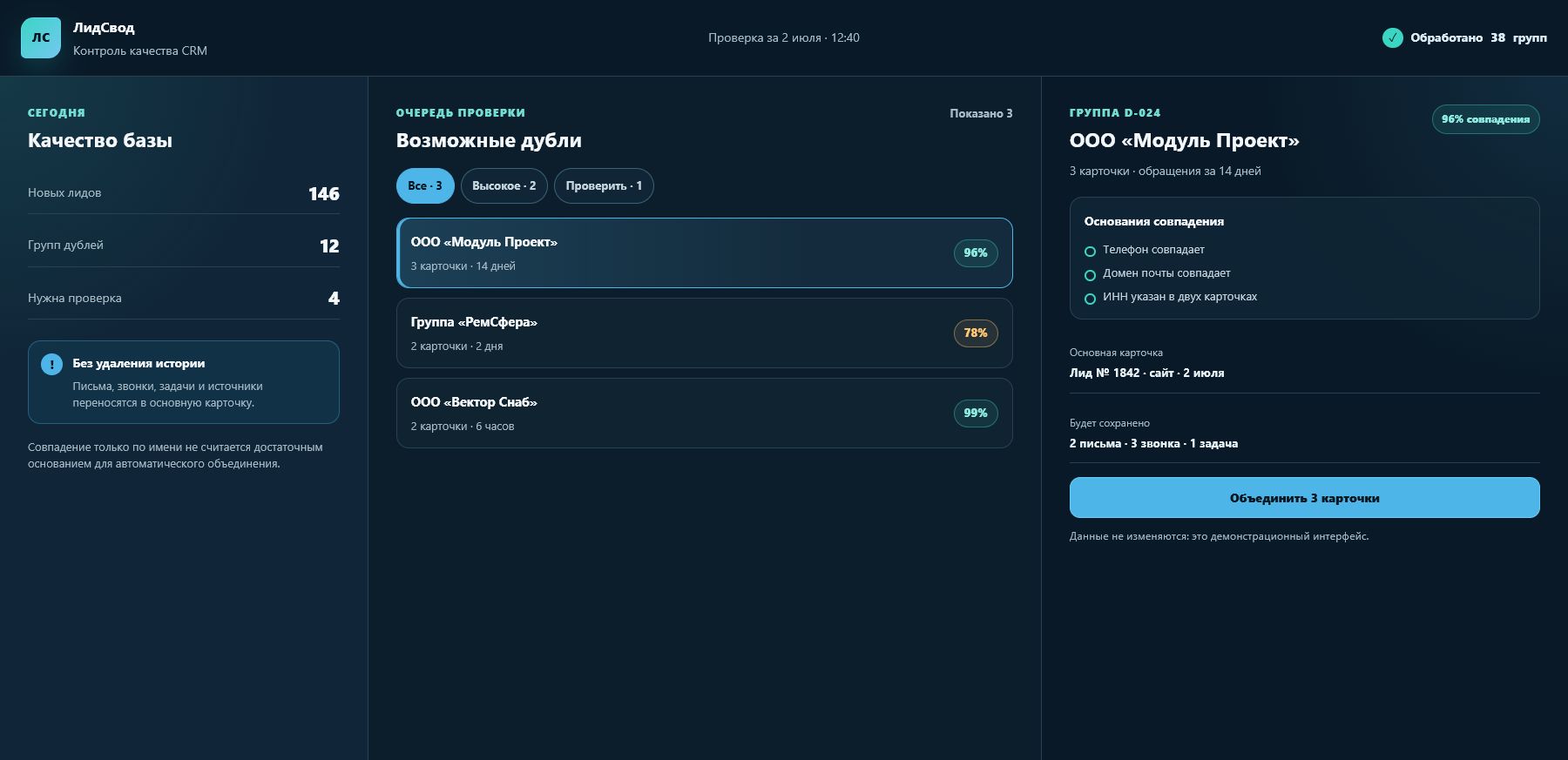 Группы дублей лидов с основаниями совпадения и выбором основной карточки