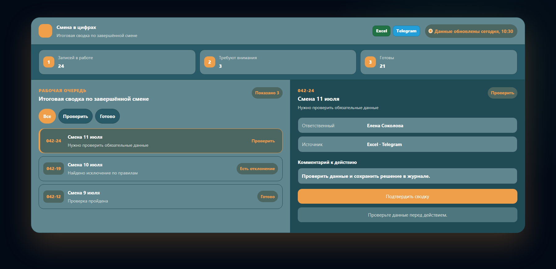 Демо-интерфейс: итоговая сводка по завершённой смене